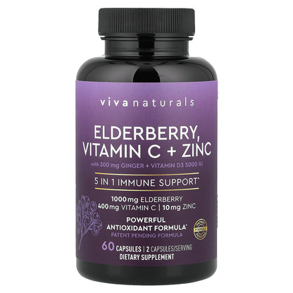 Viva Naturals, Elderberry, Vitamin C + Zinc with Ginger + Vitamin D3, 60 Capsules