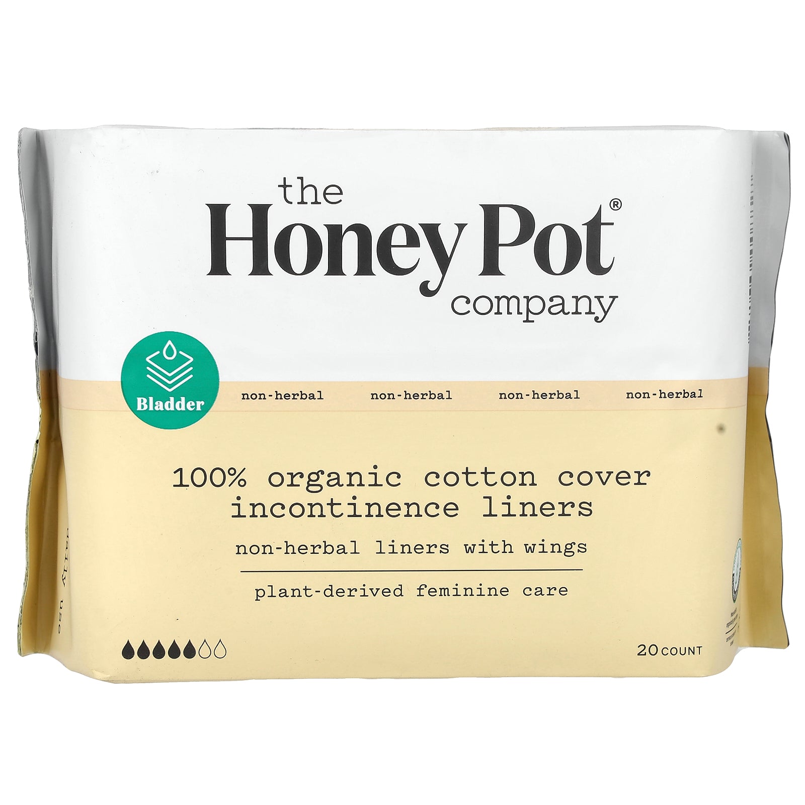 The Honey Pot Company, Non-Herbal Cotton Liners With Wings, Organic Incontinence Liners, 20 Count