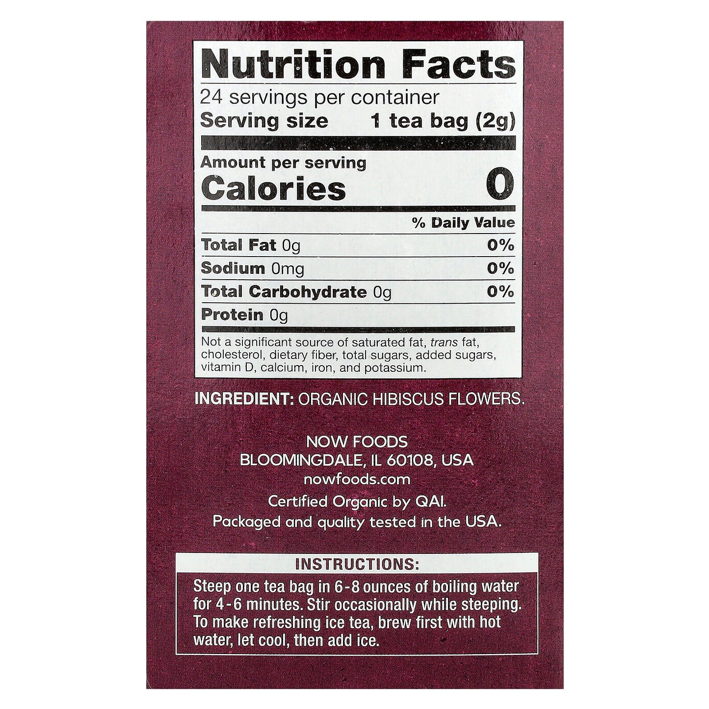 NOW Foods, Organic Hibiscus Tea, Caffeine Free, 24 Tea Bags, 1.7 oz (48 g)
