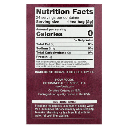 NOW Foods, Organic Hibiscus Tea, Caffeine Free, 24 Tea Bags, 1.7 oz (48 g)