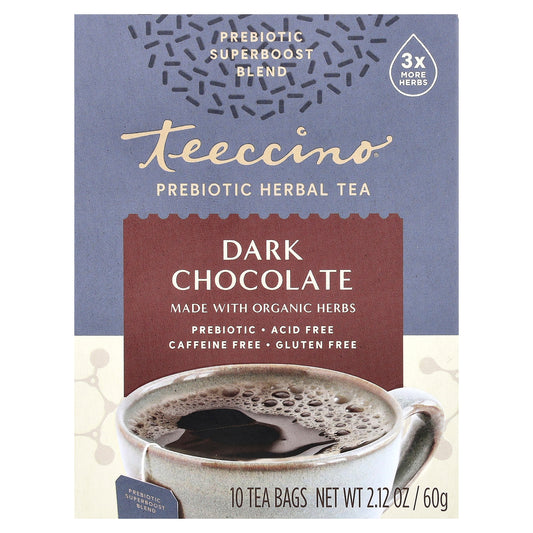 Teeccino, Prebiotic Herbal Tea, Dark Chocolate, Caffeine Free, 10 Tea Bags, 2.12 oz (60 g)