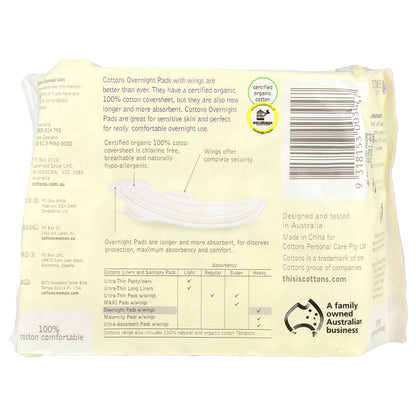 Cottons, Organic, Overnight Pads with Wings, Heavy, Unscented, 10 Pads