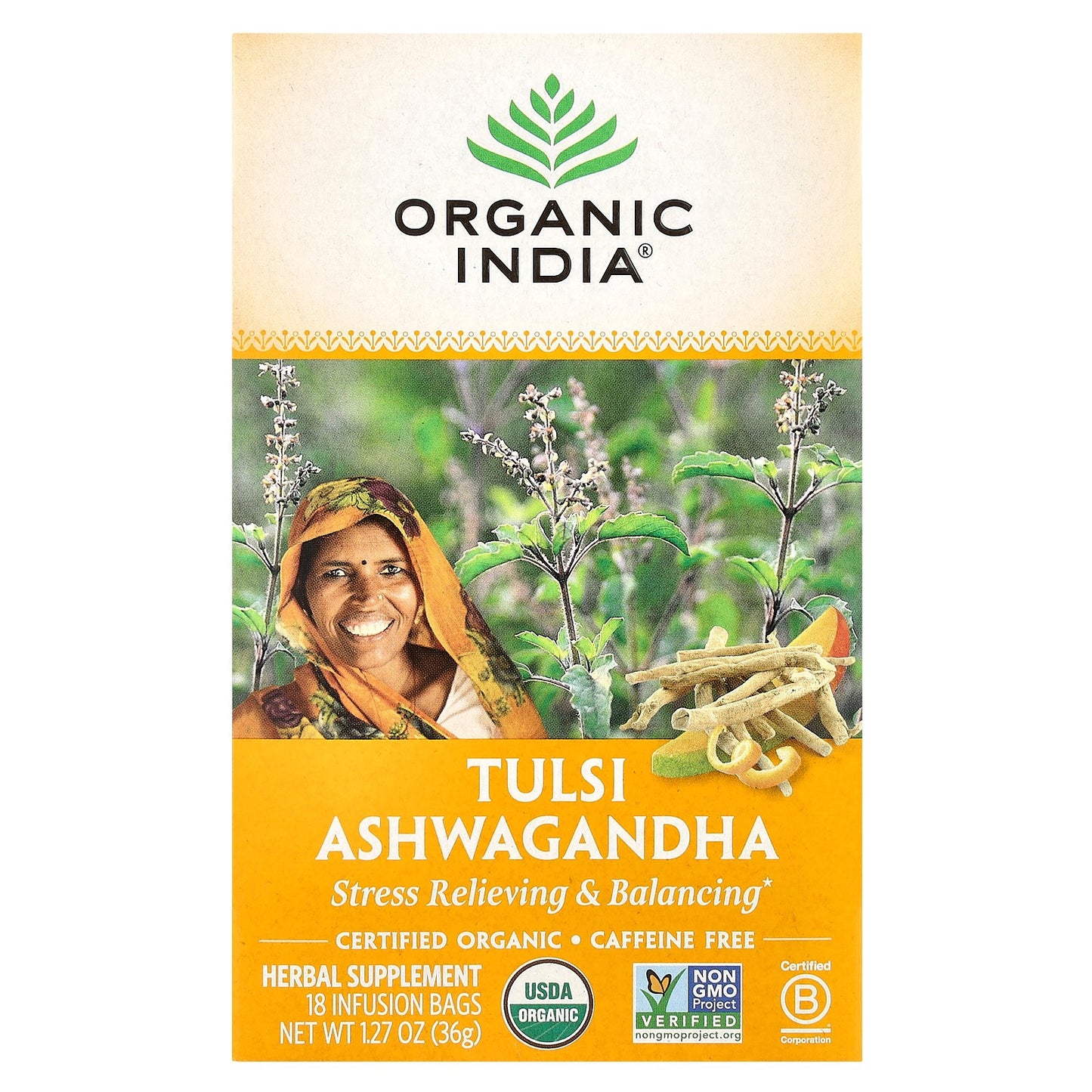 Organic India, Tulsi Ashwagandha Tea, Caffeine Free, 18 Infusion Bags, 1.27 oz (36 g)