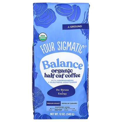 Four Sigmatic, Balance, Organic Half Caf Coffee with Ashwagandha & Eleuthero Adaptogens, Ground, Medium Roast, 12 oz (340 g)