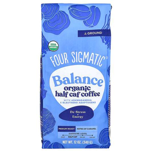 Four Sigmatic, Balance, Organic Half Caf Coffee with Ashwagandha & Eleuthero Adaptogens, Ground, Medium Roast, 12 oz (340 g)