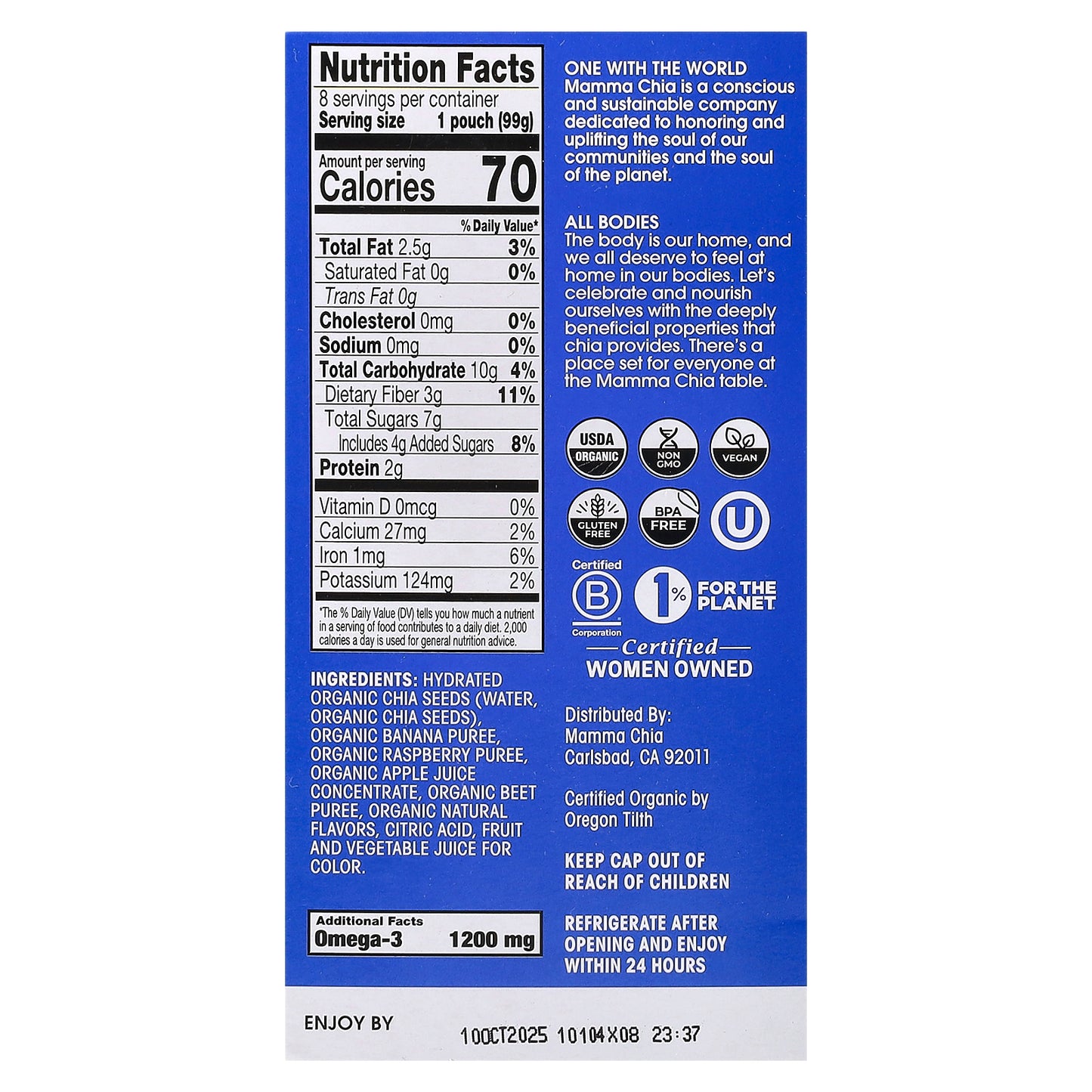 Mamma Chia, Organic Chia Squeeze®, Vitality Snack, Wild Raspberry, 8 Squeezes, 3.5 oz  (99 g) Each