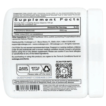 Codeage, Liposomal Glutathione Powder, Unflavored, 2.22 oz (63 g)