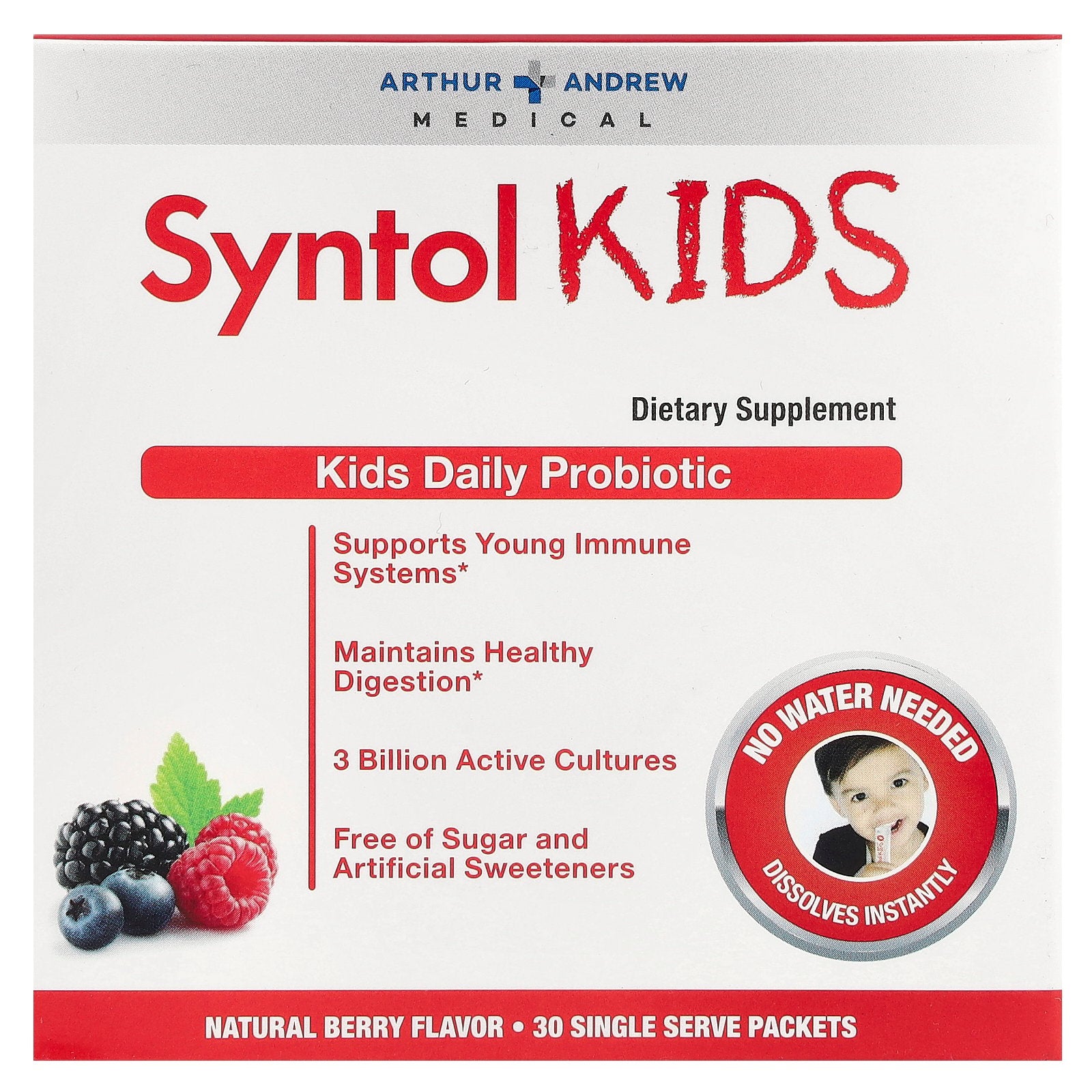 Arthur Andrew Medical, Syntol Kids, Kids Daily Probiotic, Natural Berry, 3 Billion, 30 Single Serve Packets