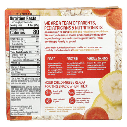 Happy Family Organics, Happy Tot®, Fiber & Protein Oat Bar, Organic Bananas & Carrots, 5 Bars, 0.88 oz (25 g) Each