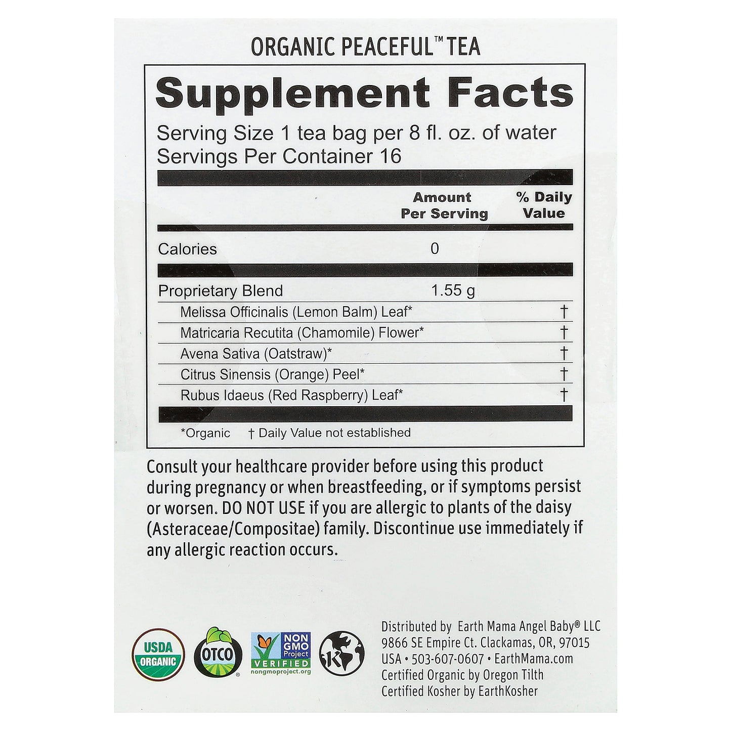 Earth Mama, Organics, Organic Peaceful™ Tea, Relaxing Citrus Chamomile, Caffeine Free, 16 Tea Bags, 0.87 oz (24.8 g)