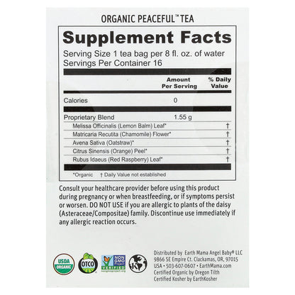 Earth Mama, Organics, Organic Peaceful™ Tea, Relaxing Citrus Chamomile, Caffeine Free, 16 Tea Bags, 0.87 oz (24.8 g)