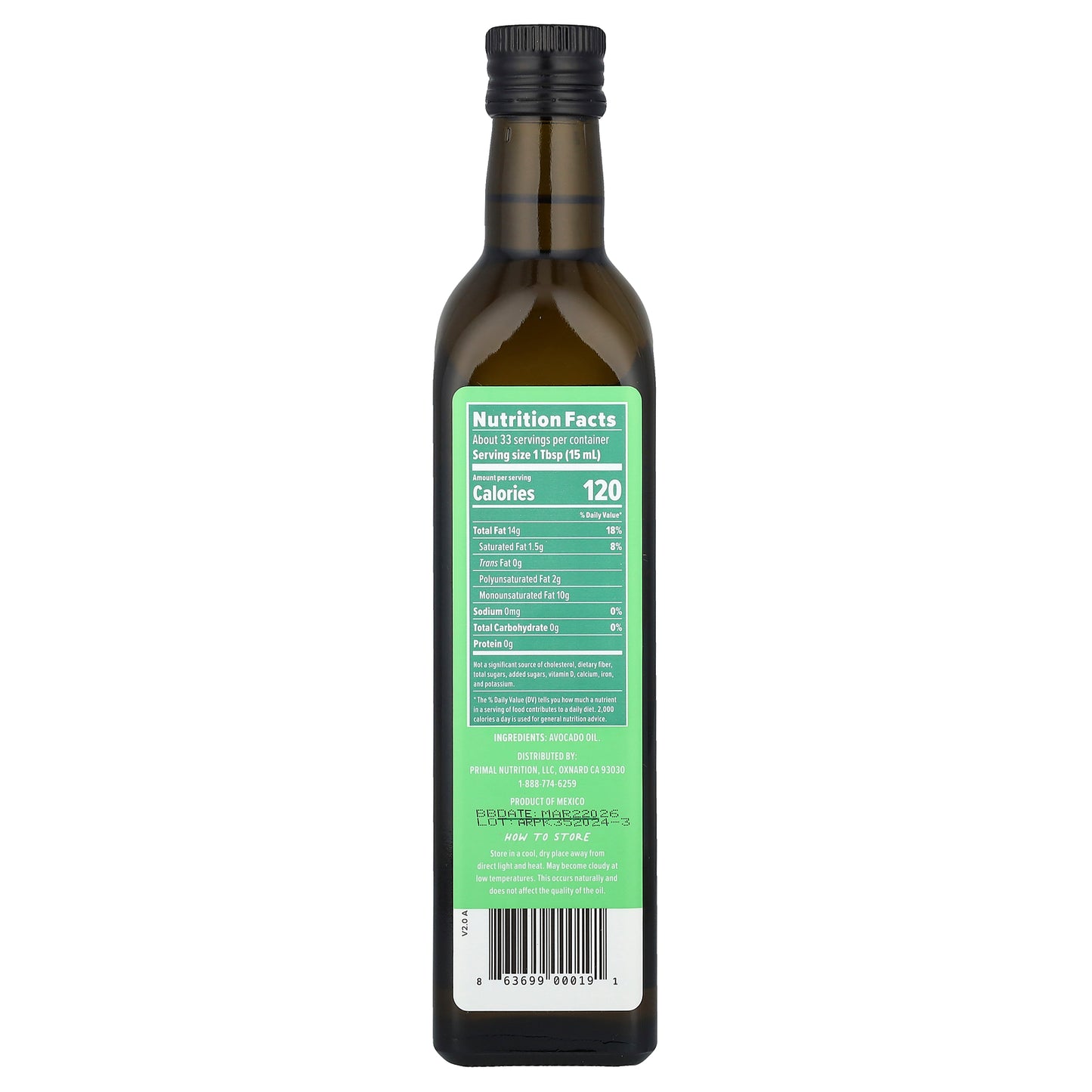 Primal Kitchen, Pure Avocado Oil, 1 pt 0.9 fl oz (500 ml)