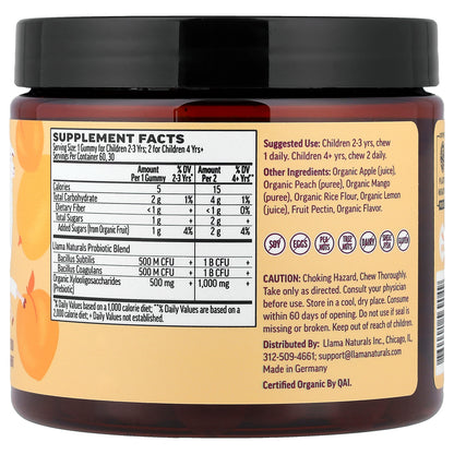 Llama Naturals, Kids Prebiotic & Probiotic, Real Fruit Gummies, Peach Mango Tango, 60 Gummies