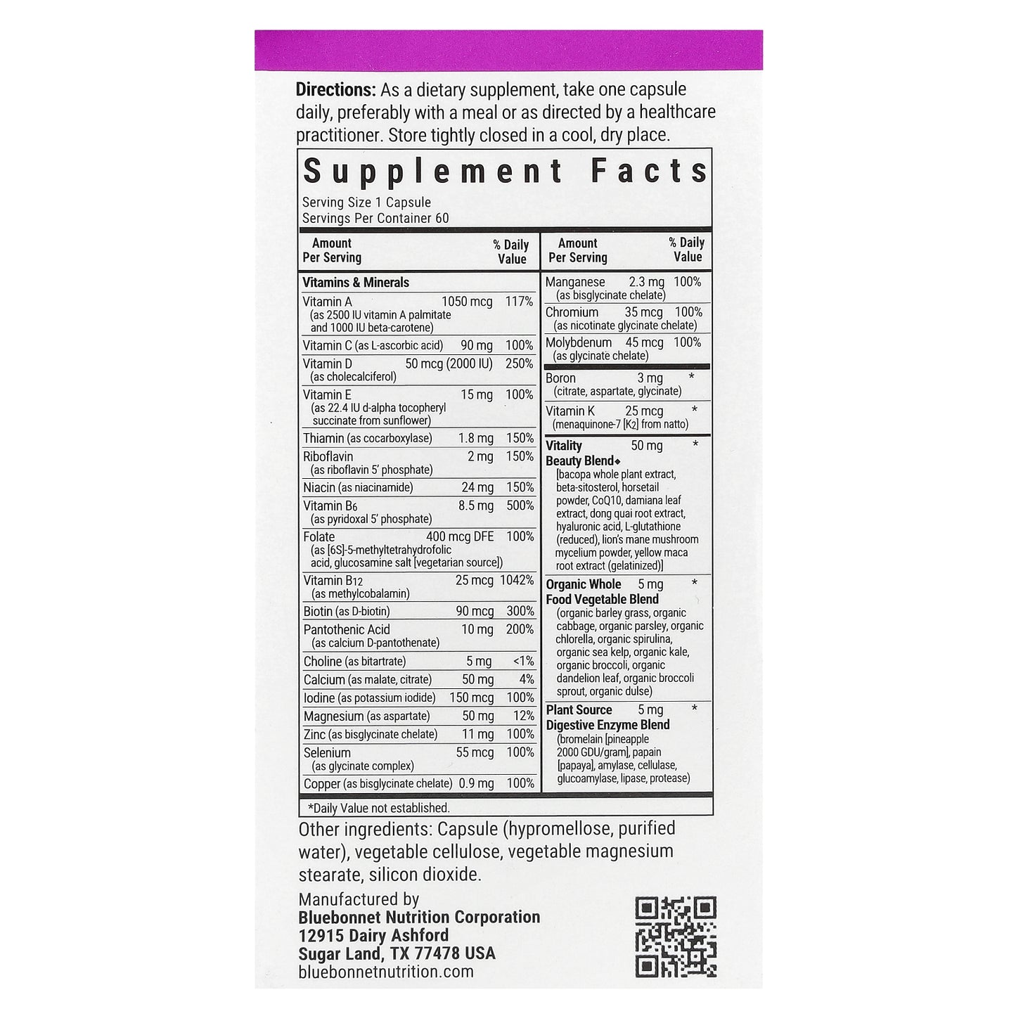 Bluebonnet Nutrition, Ladies' ONE® 40+, Whole Food-Based Multiple, 60 Vegetable Capsules