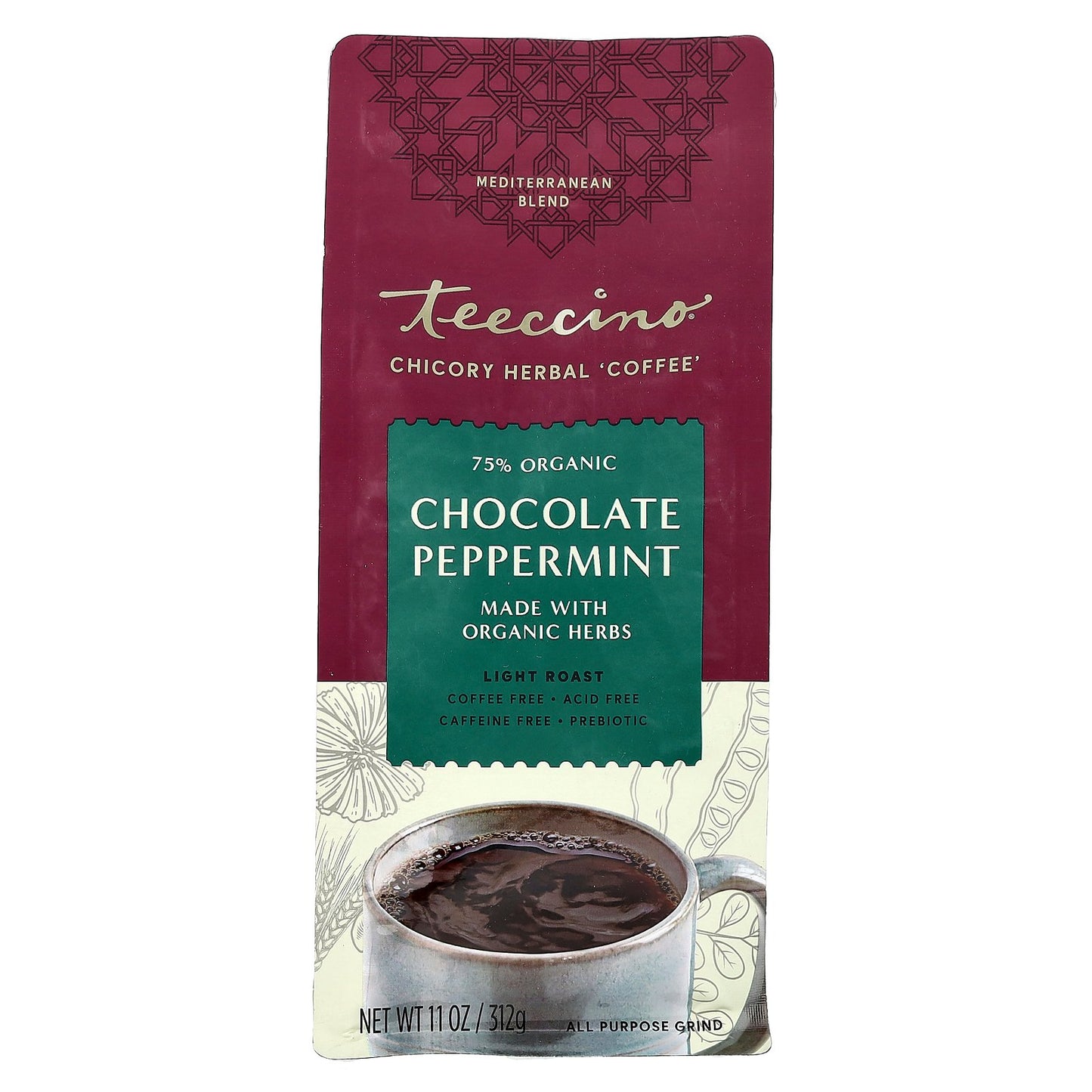 Teeccino, Organic Chicory Herbal 'Coffee', Chocolate Peppermint, Light Roast, Caffeine Free, 11 oz (312 g)