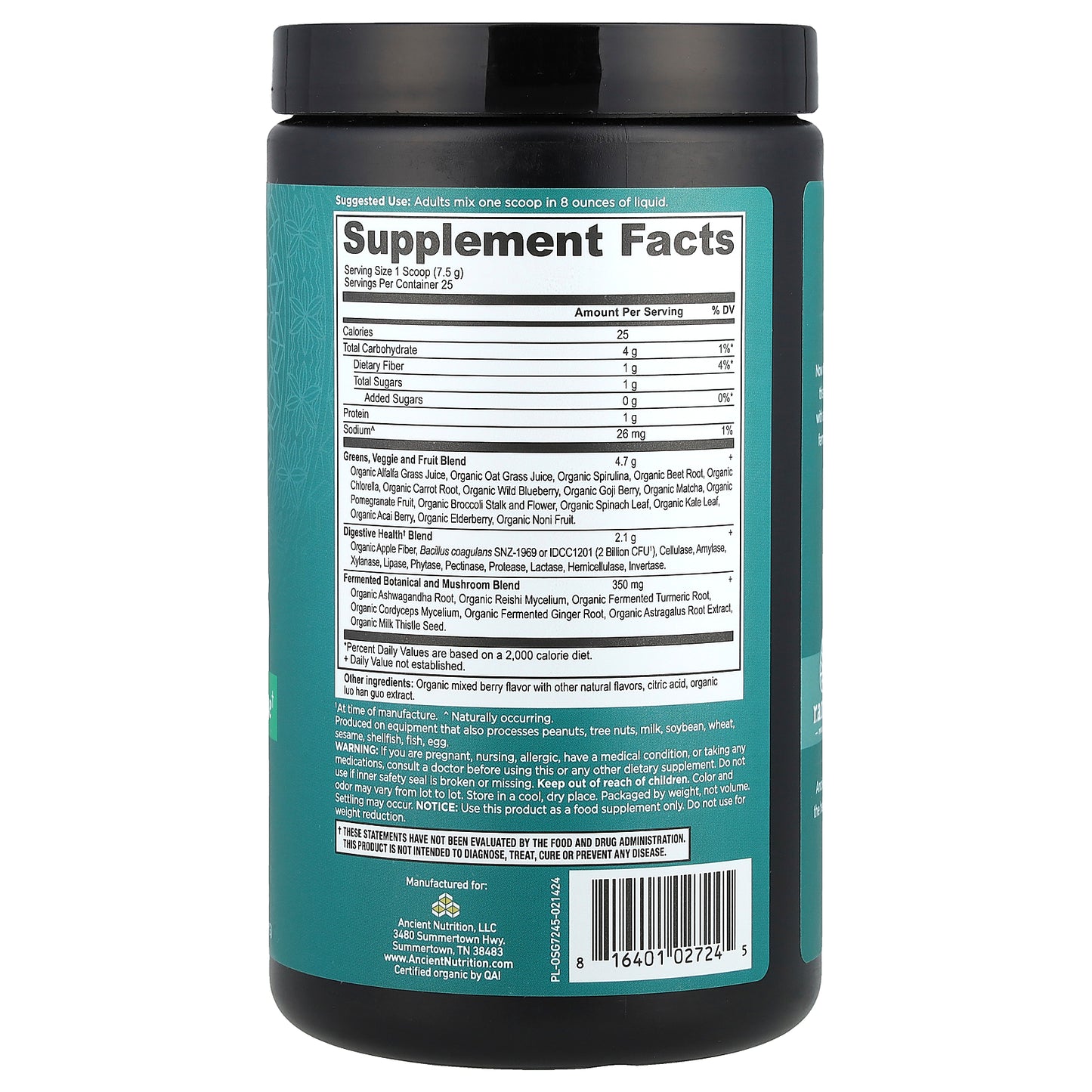 Ancient Nutrition, Organic Super Greens, Berry, 6.7 oz (189 g)