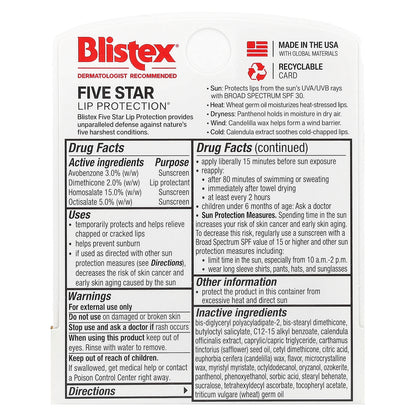 Blistex, Five Star Lip Protection®, Lip Protectant/Sunscreen, SPF 30, 0.15 oz (4.25 g)