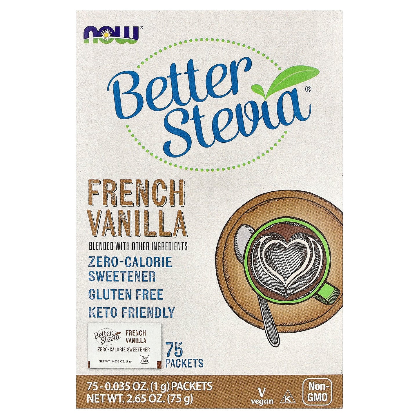 NOW Foods, BetterStevia®, Zero-Calorie Sweetener, French Vanilla, 75 Packets, 0.035 oz (1 g) Each