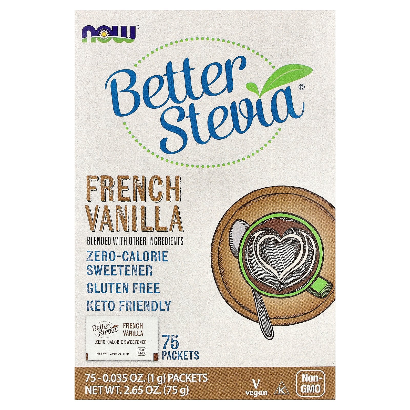 NOW Foods, BetterStevia®, Zero-Calorie Sweetener, French Vanilla, 75 Packets, 0.035 oz (1 g) Each