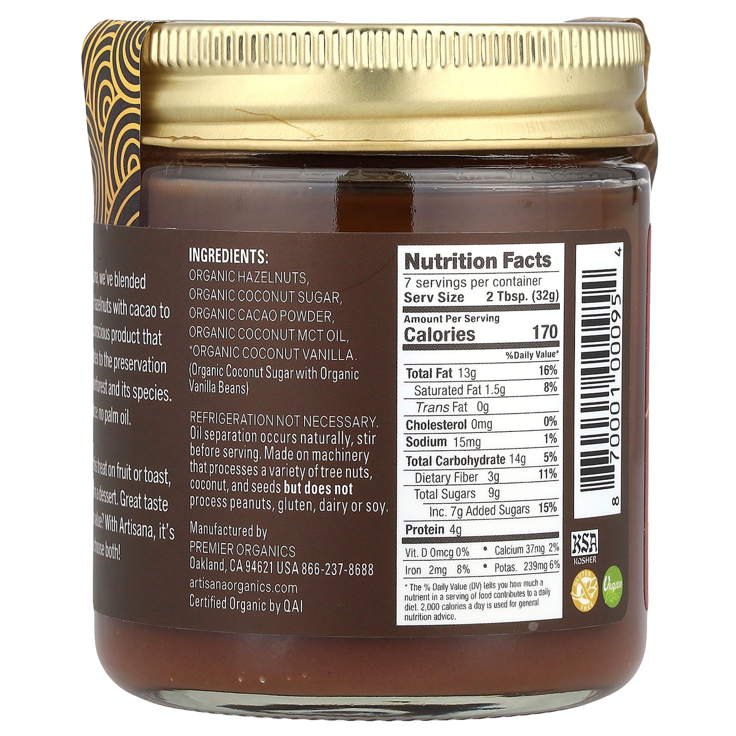 Artisana, Organics, Hazelnut Cacao Spread, 8 oz (227 g)