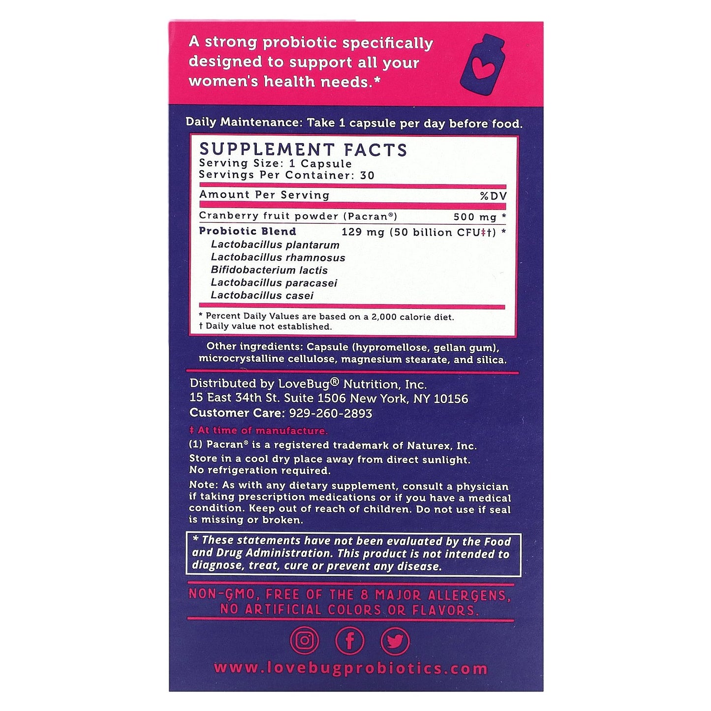 LoveBug Probiotics, Yeast + Vaginal PH Support Probiotic, 50 Billion CFU, 30 Capsules