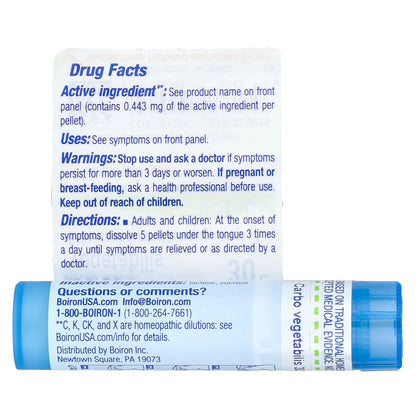 Boiron, Carbo Vegetabilis, 30C, Bloat & Gas Relief, Approx 80 Pellets