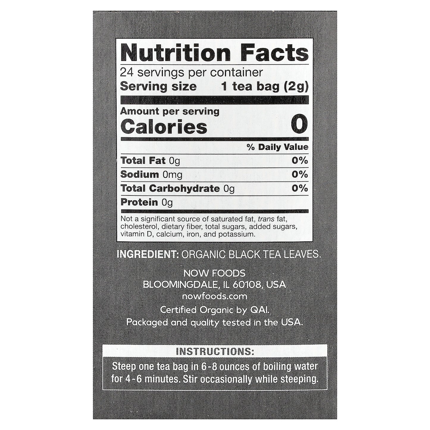 NOW Foods, Organic Black Tea, 24 Tea Bags, 1.7 oz (48 g)