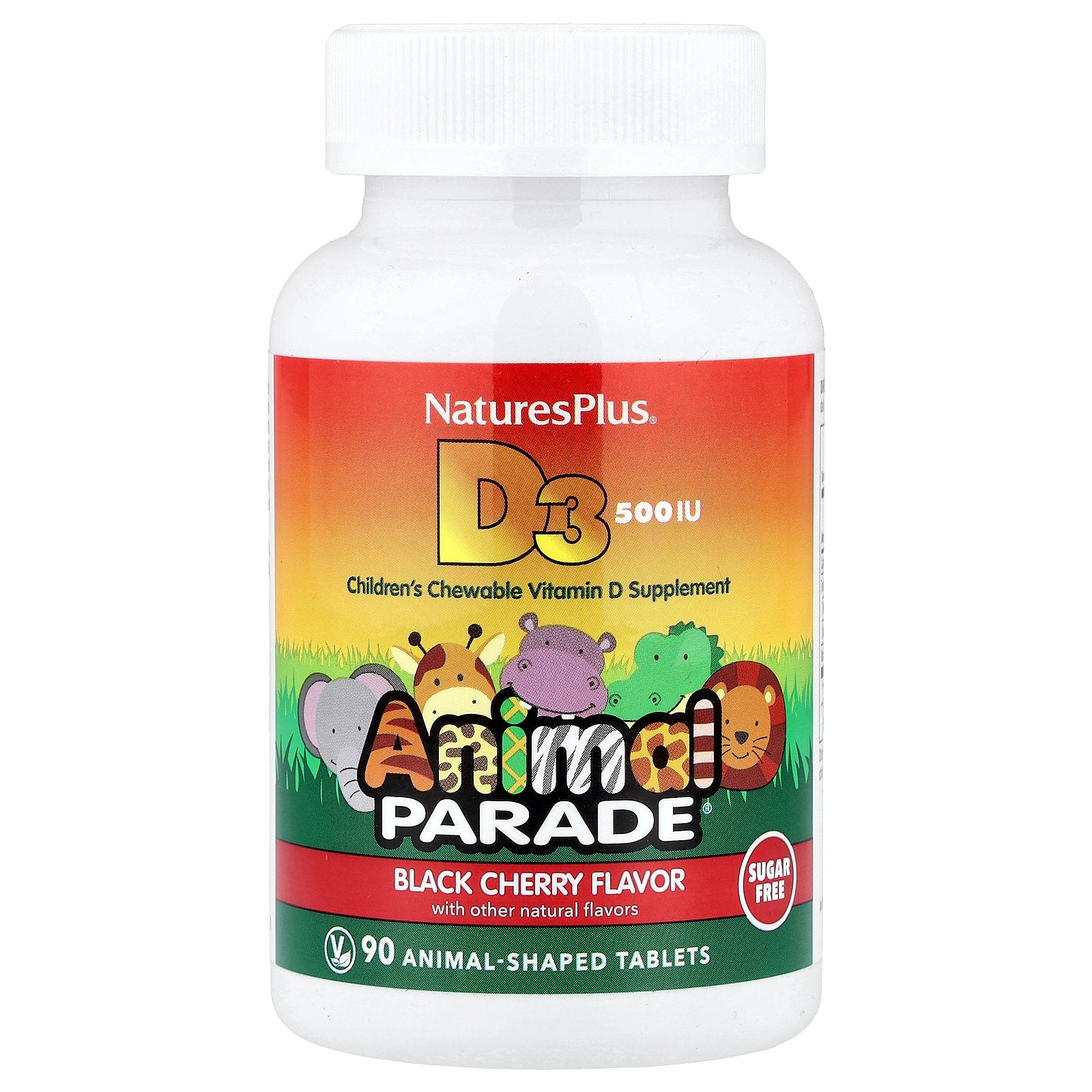 NaturesPlus, Animal Parade®, Vitamin D3, Sugar Free, Black Cherry, 12.5 mcg (500 IU), 90 Animal-Shaped Tablets
