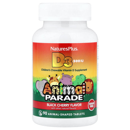 NaturesPlus, Animal Parade®, Vitamin D3, Sugar Free, Black Cherry, 12.5 mcg (500 IU), 90 Animal-Shaped Tablets