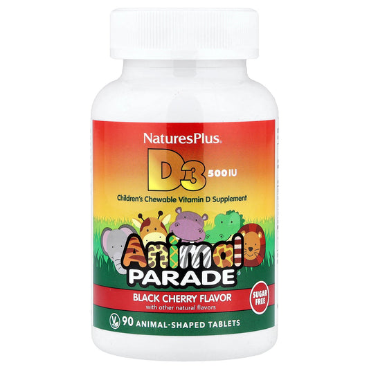 NaturesPlus, Animal Parade®, Vitamin D3, Sugar Free, Black Cherry, 12.5 mcg (500 IU), 90 Animal-Shaped Tablets