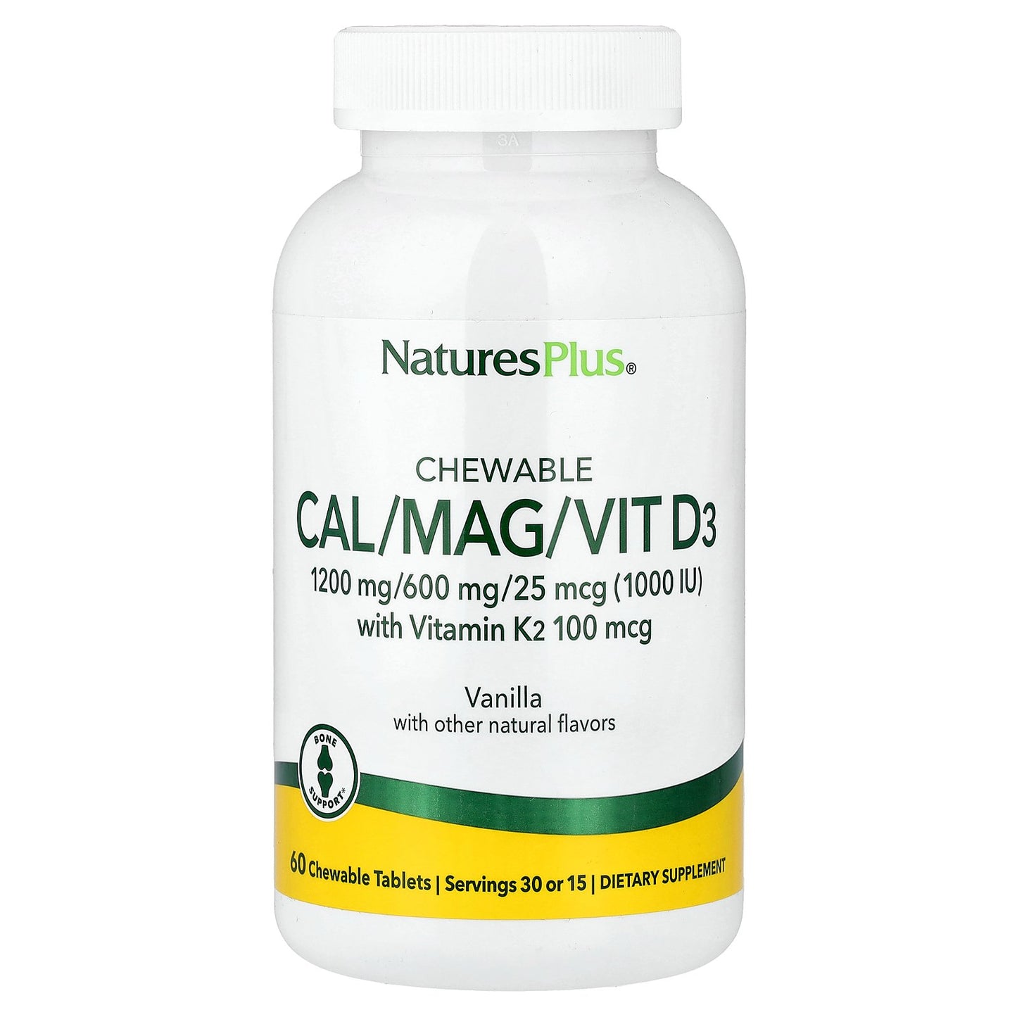 NaturesPlus, Chewable Cal/Mag/Vit D3 with Vitamin K2, Vanilla, 60 Chewable Tablets