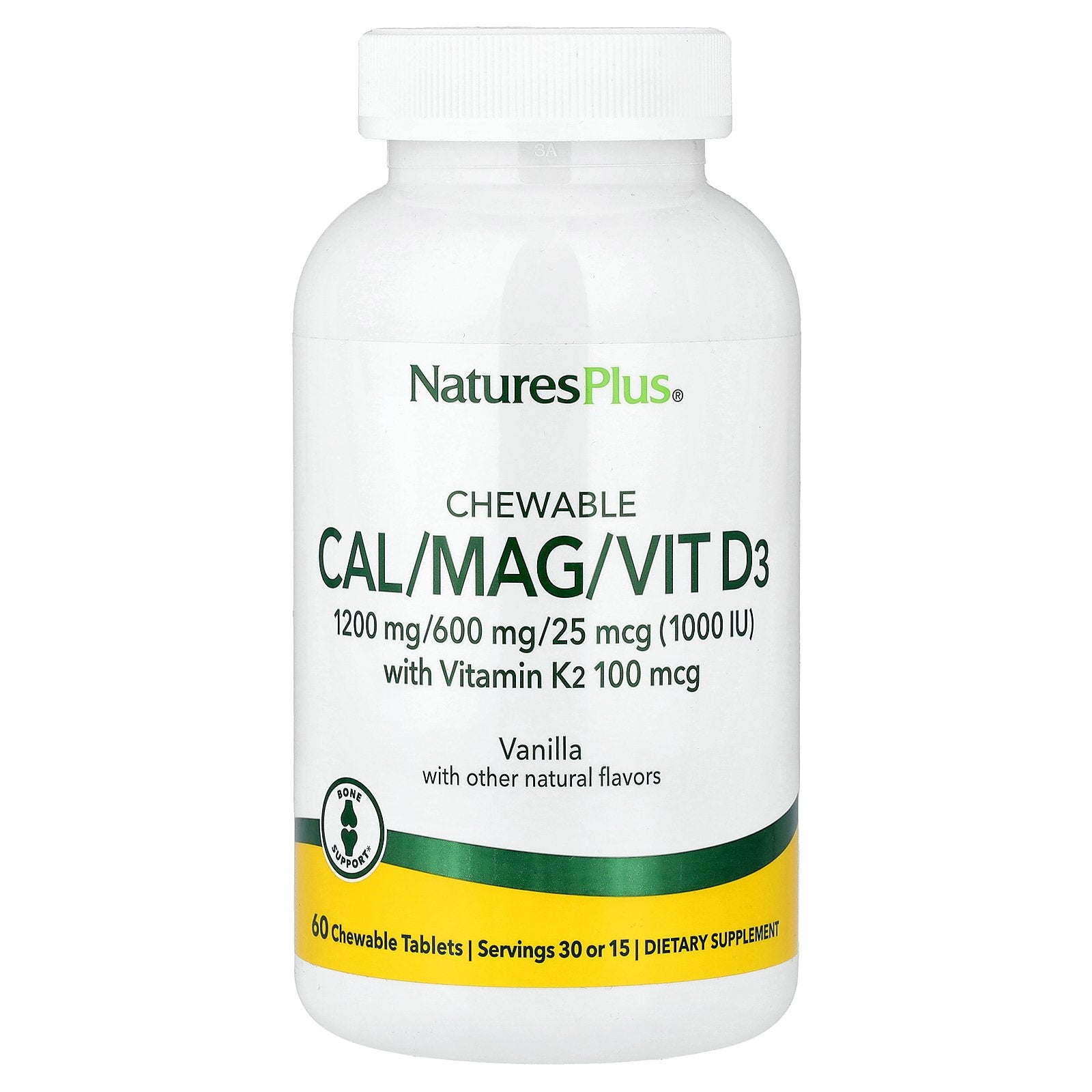 NaturesPlus, Chewable Cal/Mag/Vit D3 with Vitamin K2, Vanilla, 60 Chewable Tablets