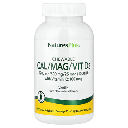 NaturesPlus, Chewable Cal/Mag/Vit D3 with Vitamin K2, Vanilla, 60 Chewable Tablets