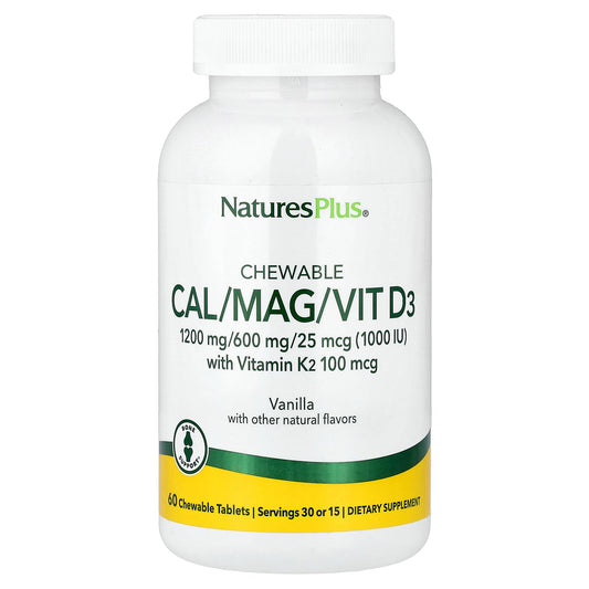 NaturesPlus, Chewable Cal/Mag/Vit D3 with Vitamin K2, Vanilla, 60 Chewable Tablets