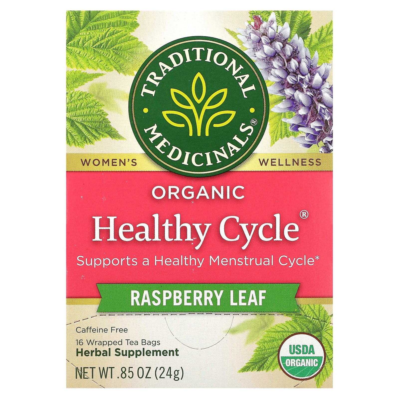 Traditional Medicinals, Organic Healthy Cycle®, Raspberry Leaf, Caffeine Free, 16 Wrapped Tea Bags, 0.85 oz (24 g)