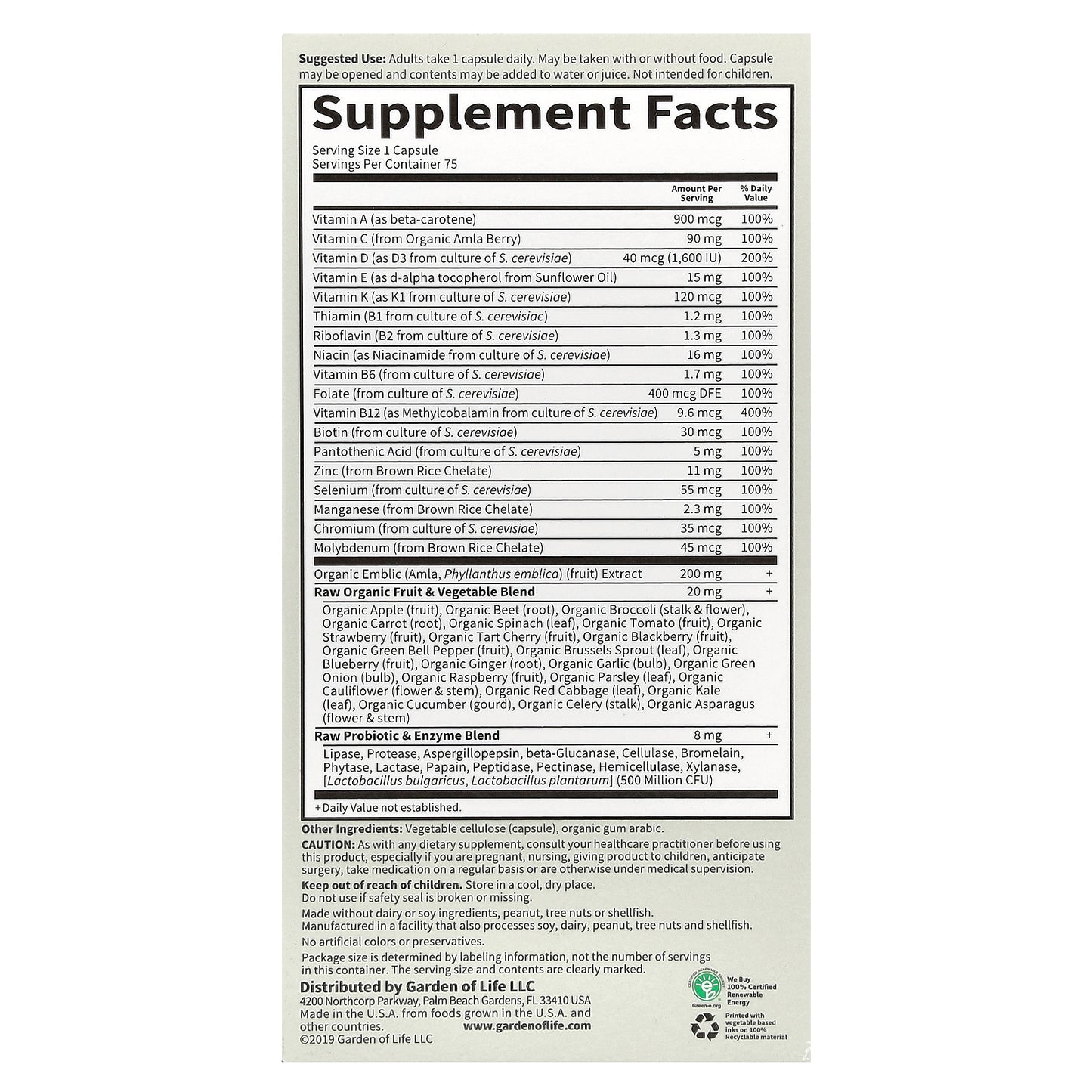 Garden of Life, Vitamin Code®, RAW One™, Once Daily Multivitamin For Men, 75 Vegetarian Capsules