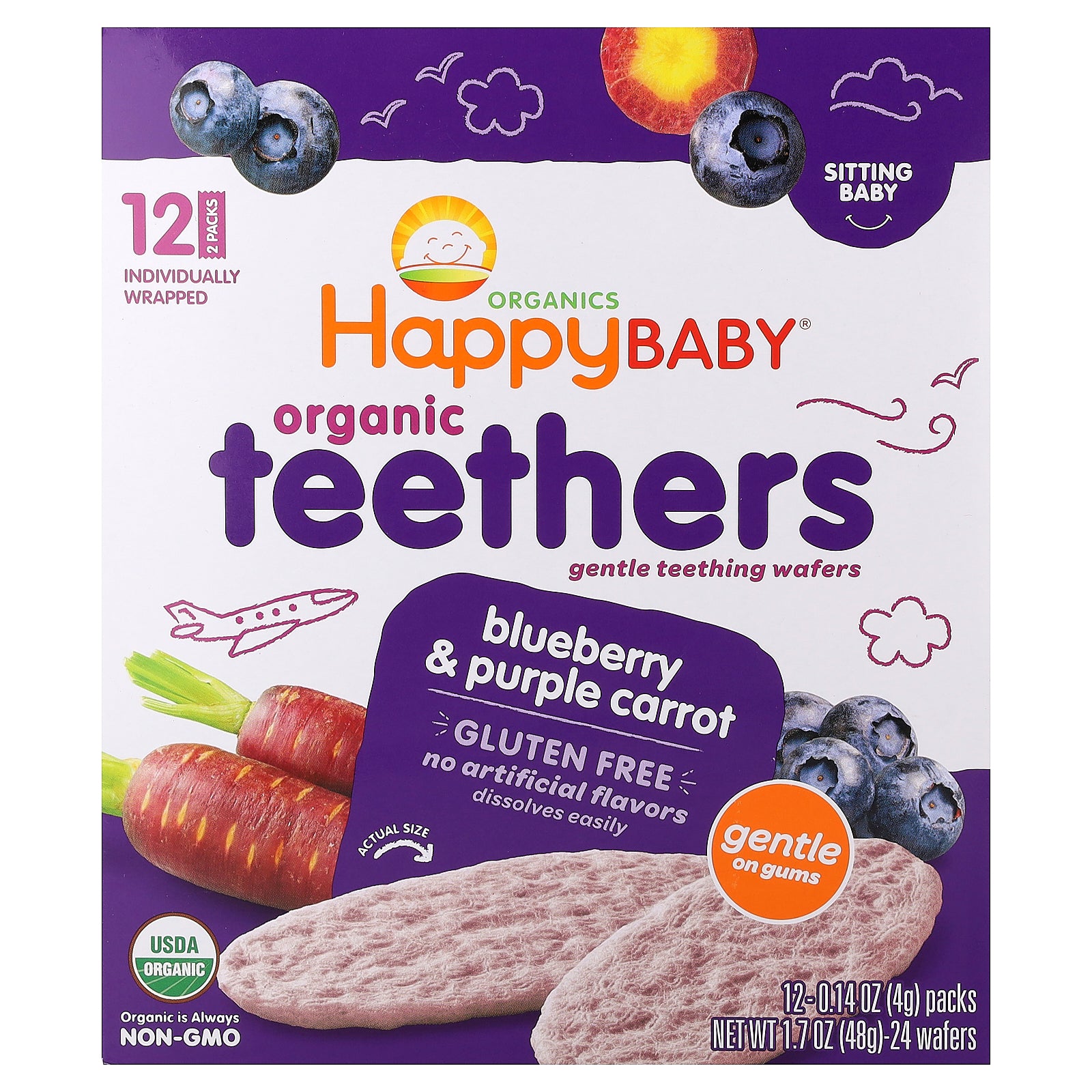 Happy Family Organics, Happy Baby®, Organic Teethers, Gentle Teething Wafers, Blueberry & Purple Carrot, 12 Packs, 0.14 oz (4 g) Each