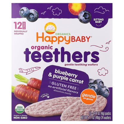 Happy Family Organics, Happy Baby®, Organic Teethers, Gentle Teething Wafers, Blueberry & Purple Carrot, 12 Packs, 0.14 oz (4 g) Each