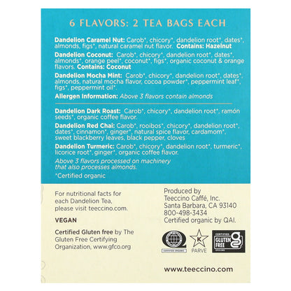 Teeccino, Dandelion Herbal Tea Sampler, 6 Flavors, Caffeine Free, 12 Tea Bags, 2.54 oz (72 g)