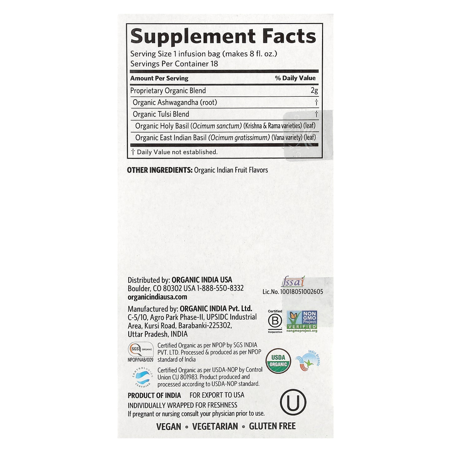 Organic India, Tulsi Ashwagandha Tea, Caffeine Free, 18 Infusion Bags, 1.27 oz (36 g)