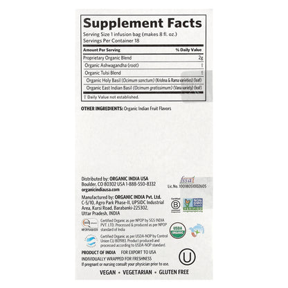 Organic India, Tulsi Ashwagandha Tea, Caffeine Free, 18 Infusion Bags, 1.27 oz (36 g)