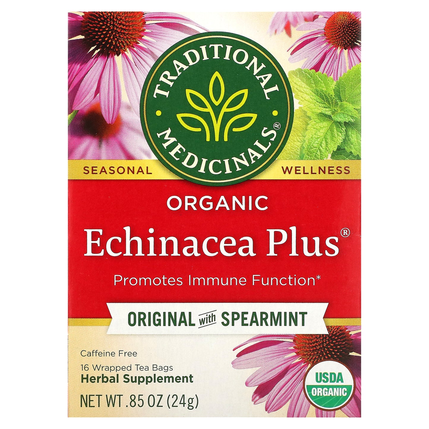 Traditional Medicinals, Organic Echinacea Plus®, Original with Spearmint, Caffeine Free, 16 Wrapped Tea Bags, 0.85 oz (24 g)