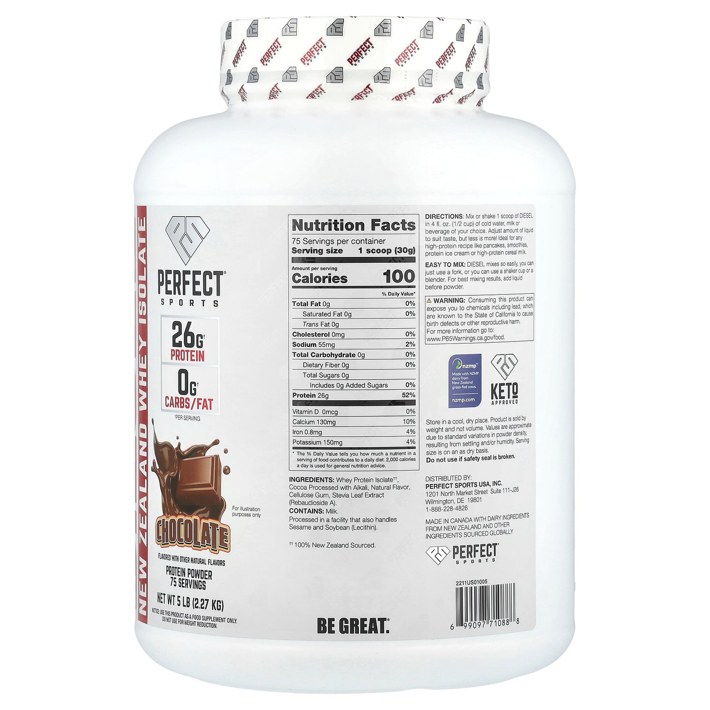 PERFECT Sports, Diesel®, New Zealand Whey Isolate, Chocolate, 5 lb (2.27 kg)