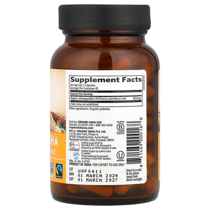 Organic India, Ashwagandha, 90 Vegetarian Caps (400 mg per Capsule)