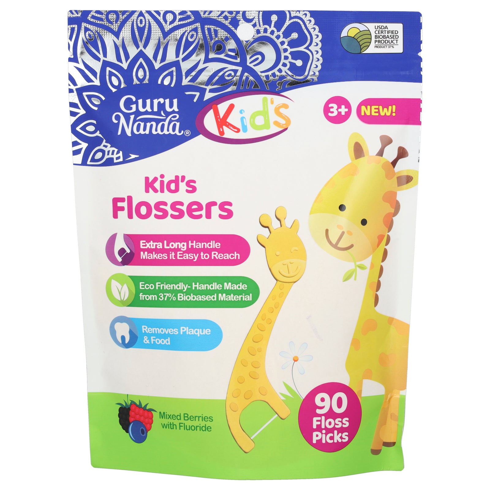 GuruNanda, Kids, Kid's Flossers, Ages 3+, Mixed Berries With Flouride, 90 Floss Picks