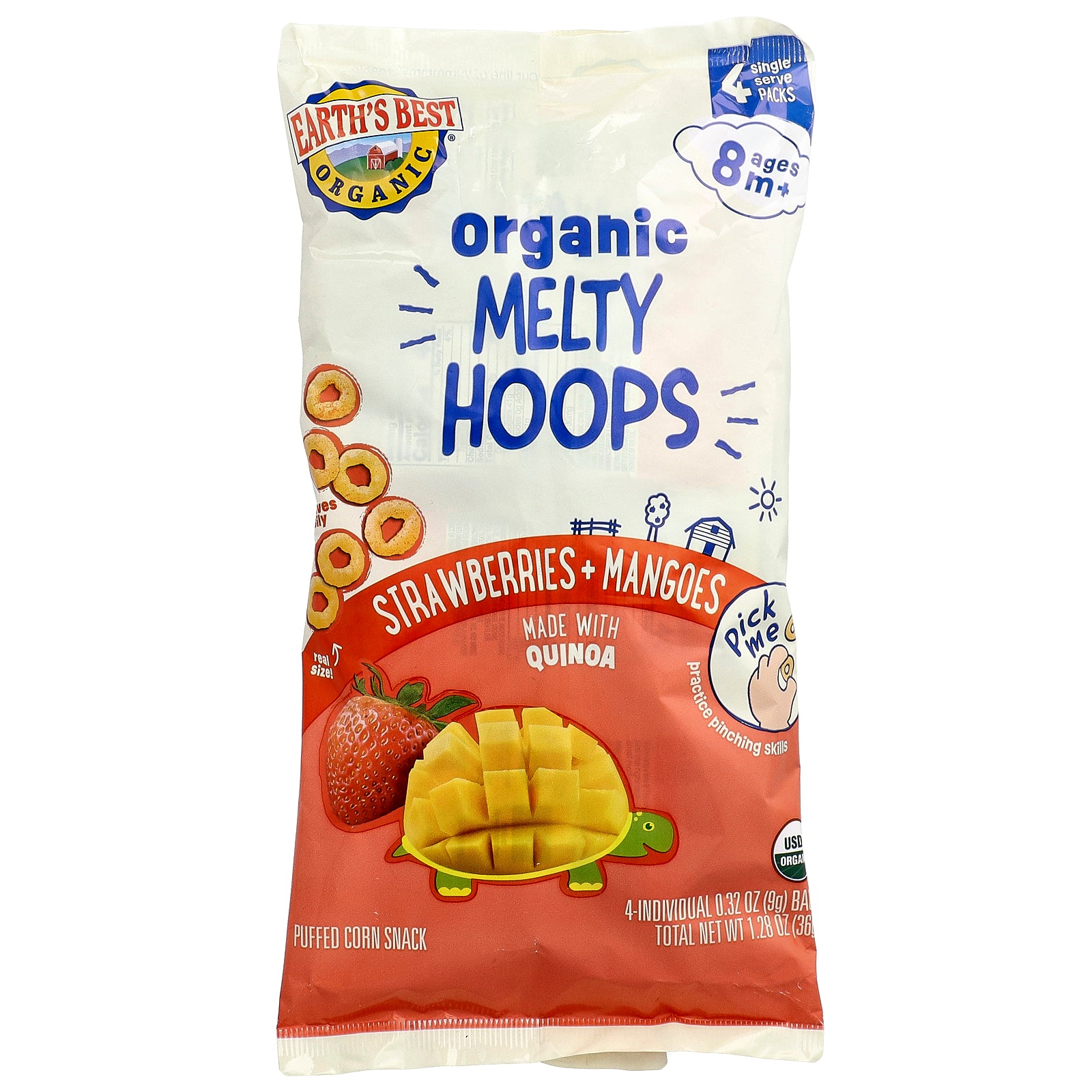Earth's Best, Organic Melty Hoops, Puffed Corn Snack, 8+ Months, Strawberries + Mangoes, 4 Single Serve Packs, 0.32 oz (9 g) Each