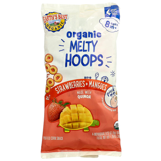 Earth's Best, Organic Melty Hoops, Puffed Corn Snack, 8+ Months, Strawberries + Mangoes, 4 Single Serve Packs, 0.32 oz (9 g) Each
