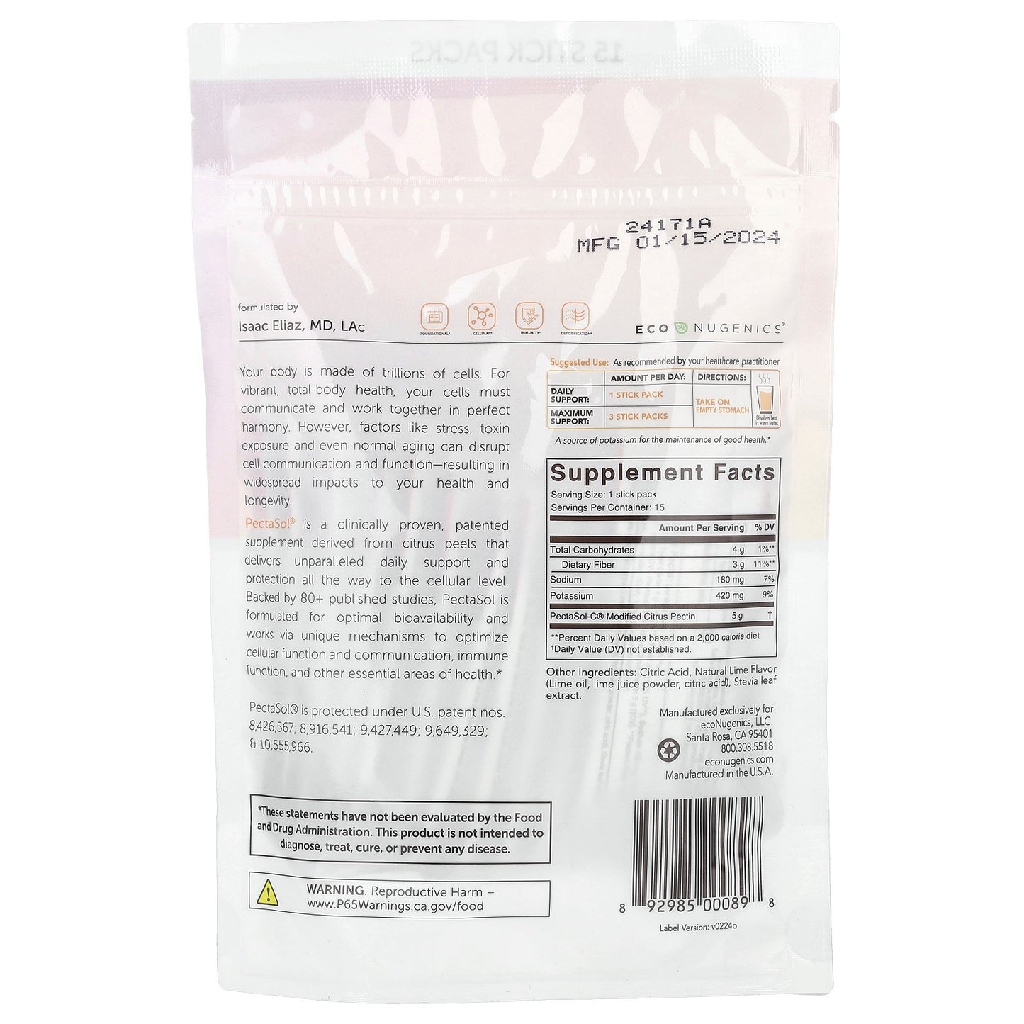 Econugenics, PectaSol® Modified Citrus Pectin, 15 Stick Packs, 0.22 oz (6.1 g) Each