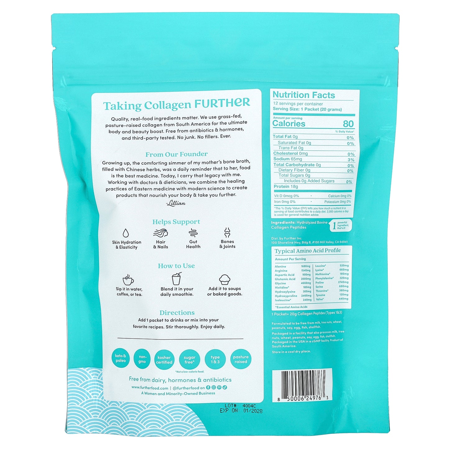 Further Food, Grass-Fed Collagen Peptides, Unflavored, 12 Packets, 0.71 oz (20 g) Each