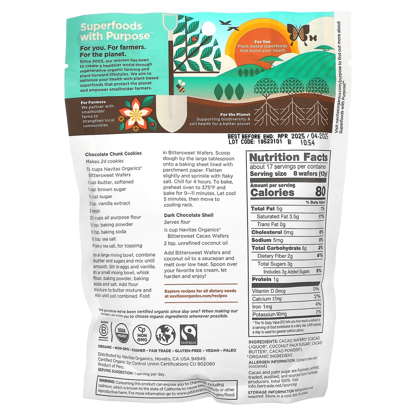 Navitas Organics, Organic Cacao Wafers, Bittersweet, 8 oz (227 g)